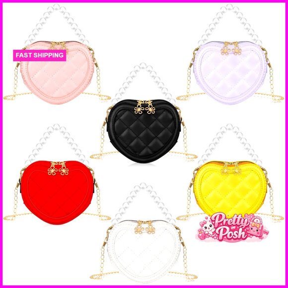 6 Pcs Heart Crossbody Bag with Pearl Handle PU Fabric Zipper Closure